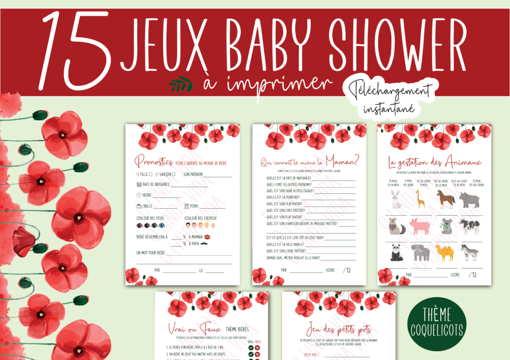 15 Jeux Baby Shower à télécharger - Fête Naissance Bébé (thème Fleurs)