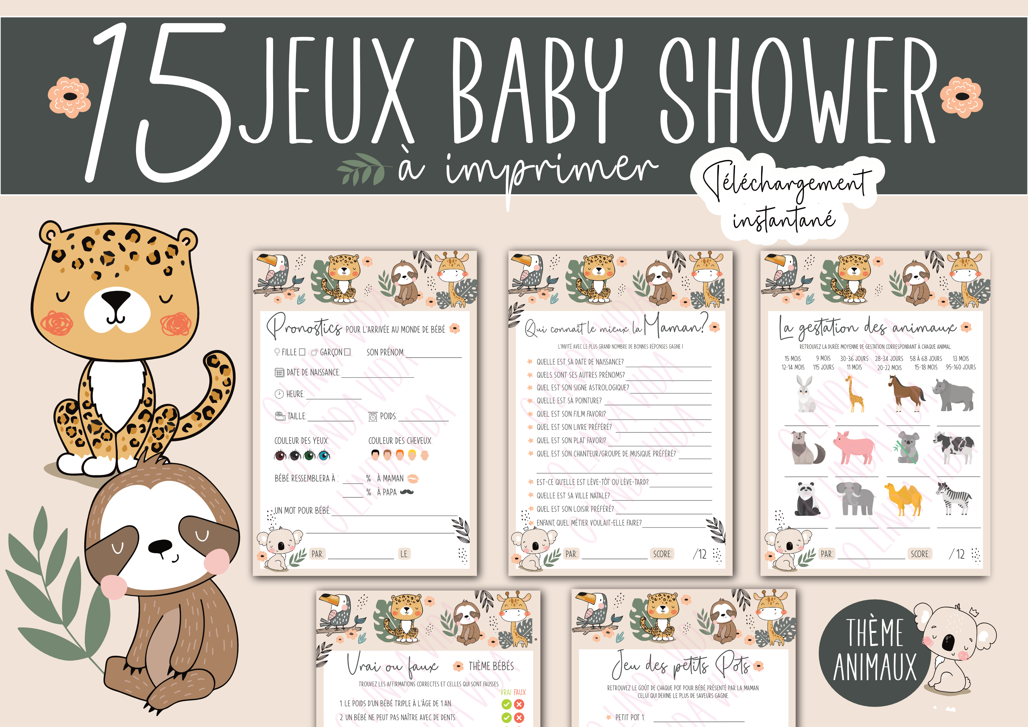 15 Jeux Baby Shower à télécharger - Fête Naissance Bébé (Thème Animaux)