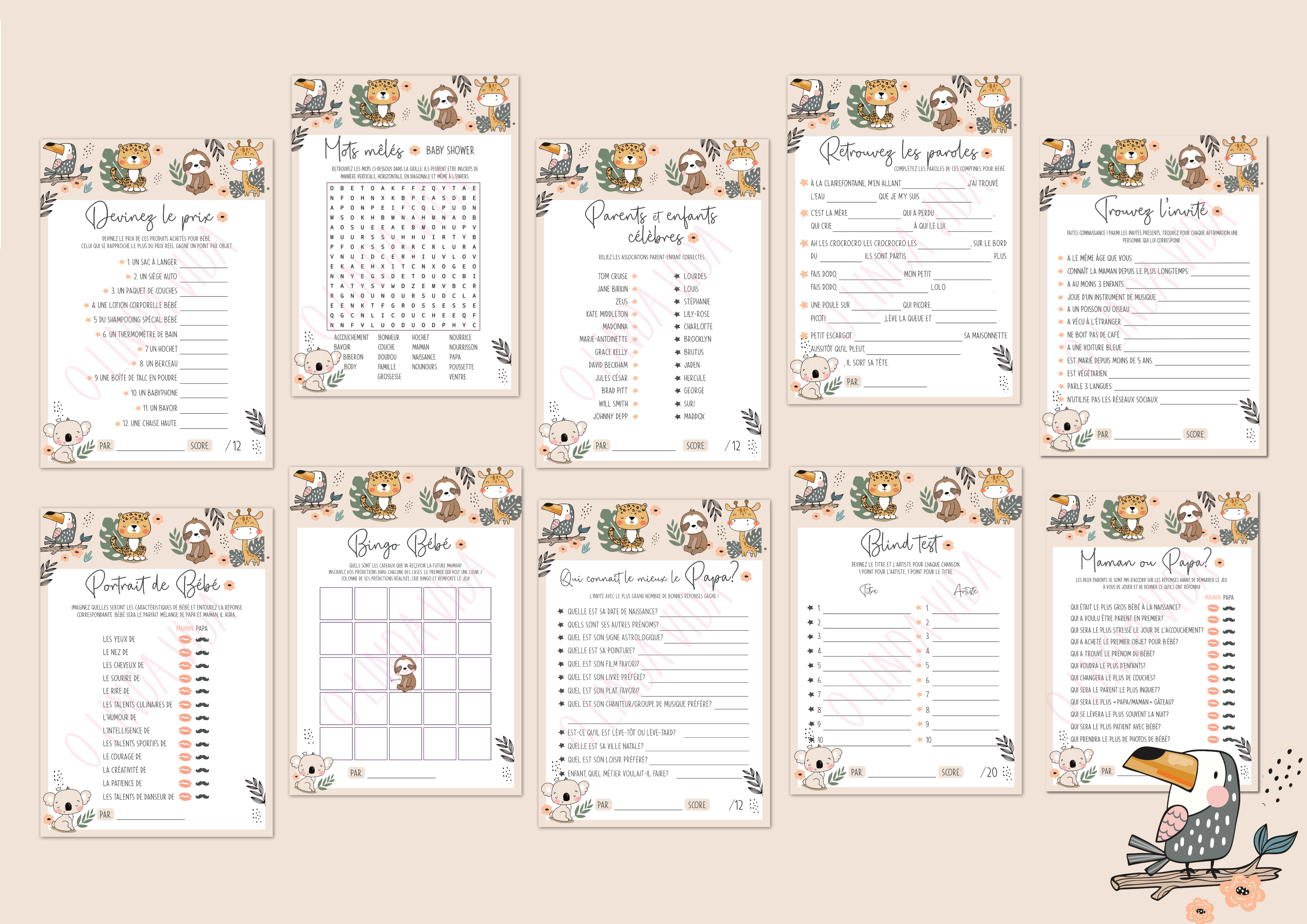 15 Jeux Baby Shower à télécharger - Fête Naissance Bébé (Thème Animaux)