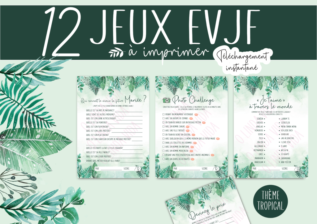 12 Jeux EVJF à télécharger et imprimer, motif tropical - Activités Enterrement Vie de Jeune fille - Animation Future Mariée