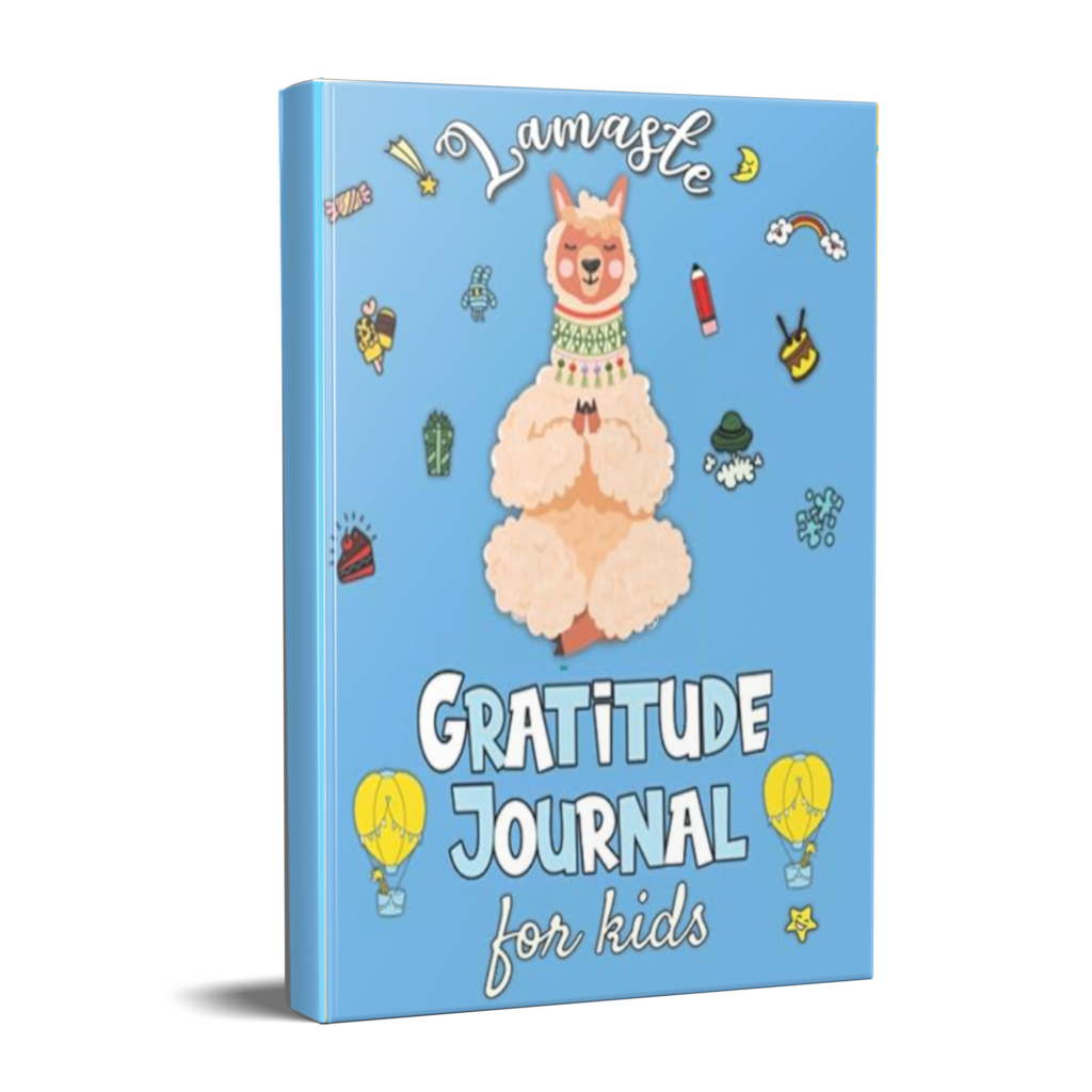 Cover of the children's gratitude journal "Llamaste", a fun and playful guided journal with a llama theme to help kids practice daily gratitude and positivity